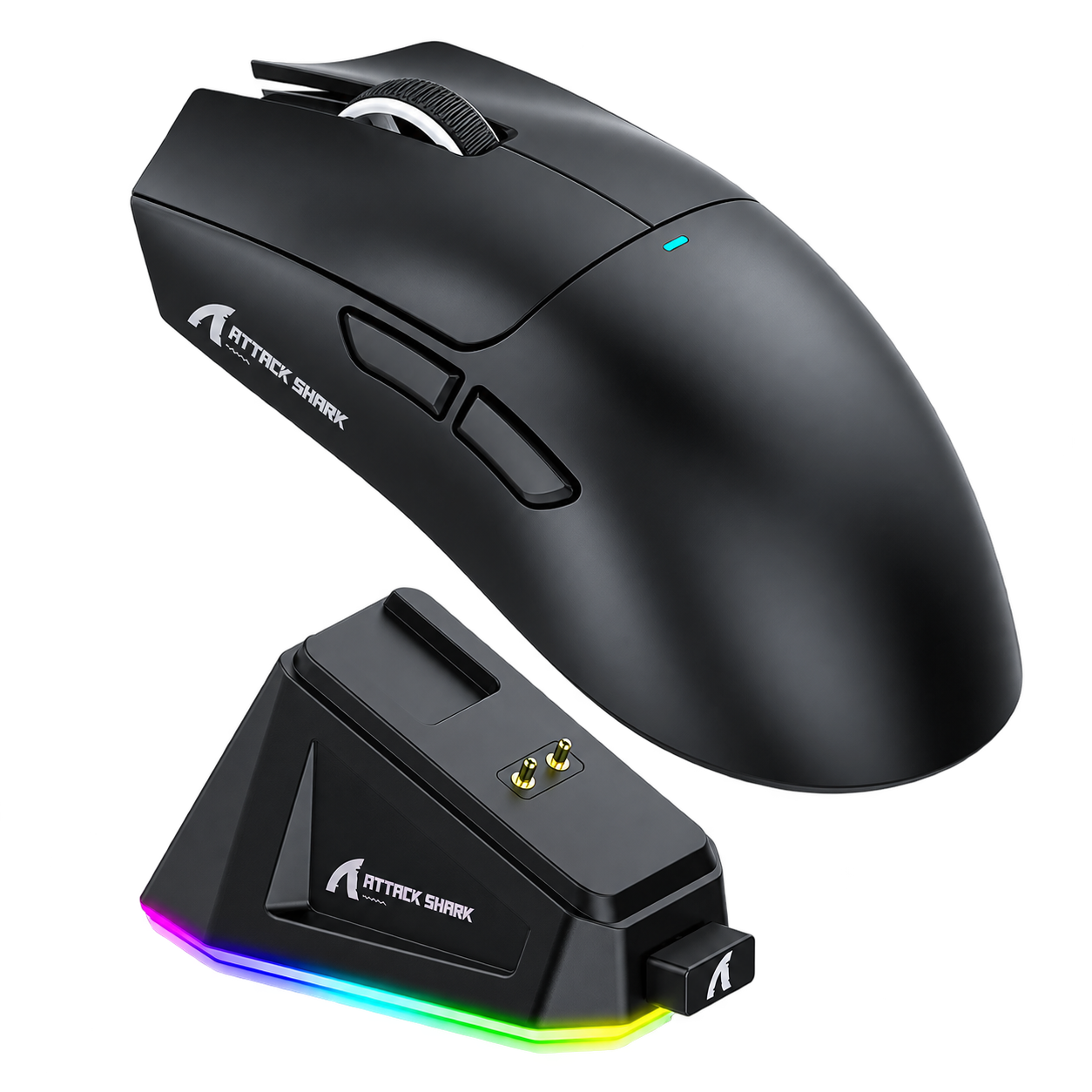 Enhanced cutout of an Attack Shark X11 mouse with charging dock.