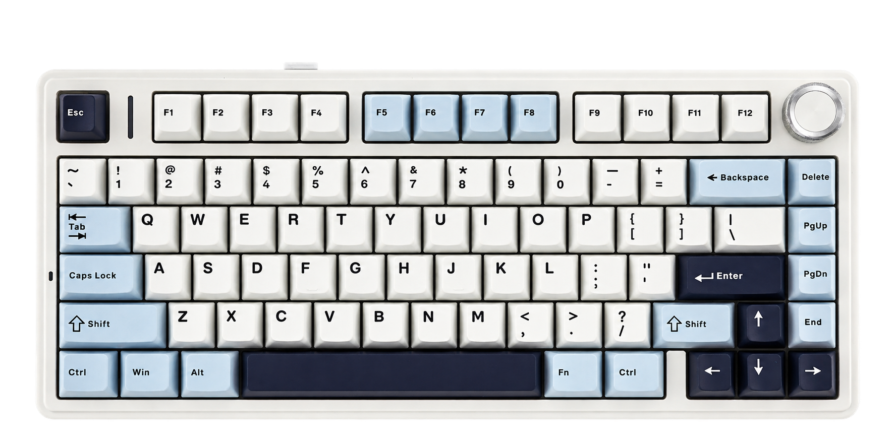 Enhanced cutout of a white and blue AULA F75 mechanical keyboard.