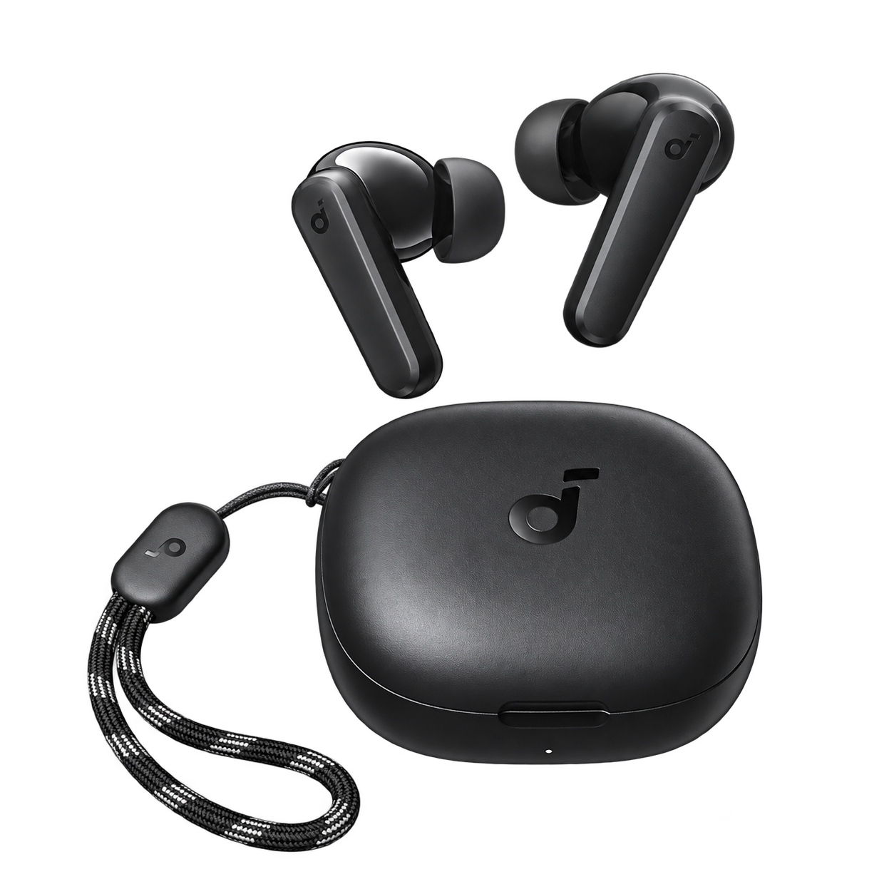Enhanced cutout of black Soundcore R50i earbuds with charging case.